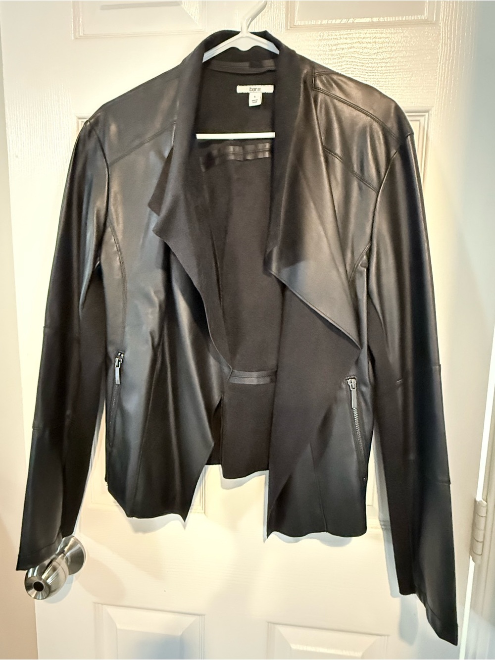 Bar III Black Faux Leather Jacket with Draped Collar - Picture 4 of 4